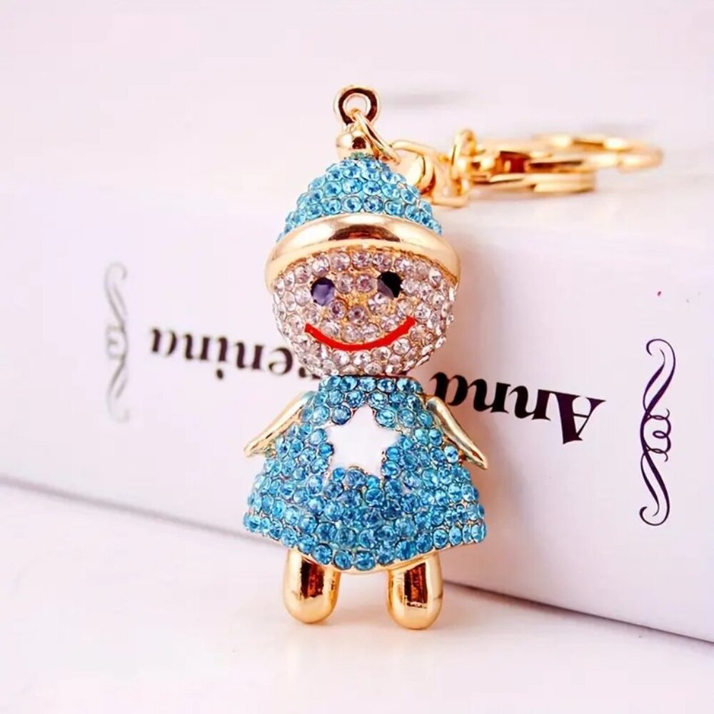 Rhinestone Snowman Snowgirl Keychain Blue Crystal Bag Charm Holiday Gift - Picture 4 of 4
